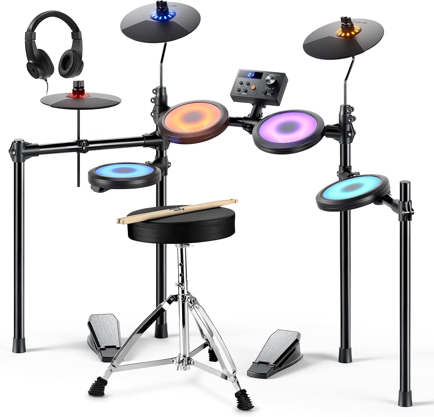 Donner DED-70L LED Işıklı Elektronik Davul Seti, Sessiz Mesh Davul Pedleri ve 9 Zil, 150 Ses, 15 Davul Kiti, USB MIDI, Tip-C Şarj, 2 Pedal, Taht, Kulaklık, Çubuklar, Melodik Dersleri