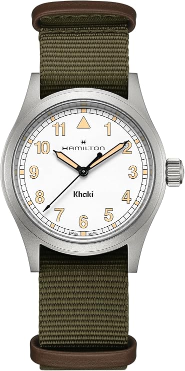 Hamilton Khaki Field Khaki Quartz Men's Watch, 38mm Stainless Steel Case, Swiss Made, White Dial Analog Wrist Watch for Men, 50m Waterproof, Sapphire Crystal, Textile Strap