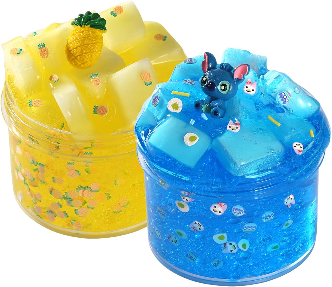 2 Packs Premade Jelly Cube Glimmer Crunchy Crystal Glue Slime, Including 5 Sets of Add-ins, Party Favors for Kids, Sensory and Tactile Stimulation, Stress Relief, for Girls & BoysBlue,Yellow