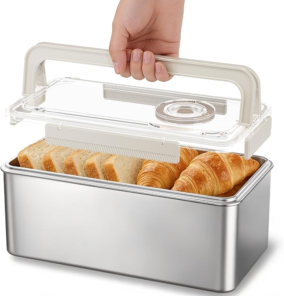 QCQHDU Bread Box, Stainless Steel Corner Bread Box Container, 1 Pack | Time Recording, Airtight, Food Storage Container for Kitchen Countertop Homemade Breadbox, 5800ML/ 196oz