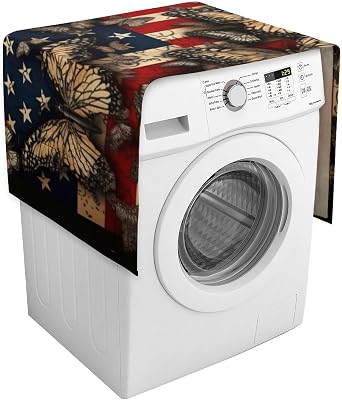 American Flag with Butterflies Washing Machine Cover, Dust-Proof Washer And Dryer Covers for The Top, Washer Top Cover with Storage Bags for Home And Kitchen Laundry, 54.3 X 20.5