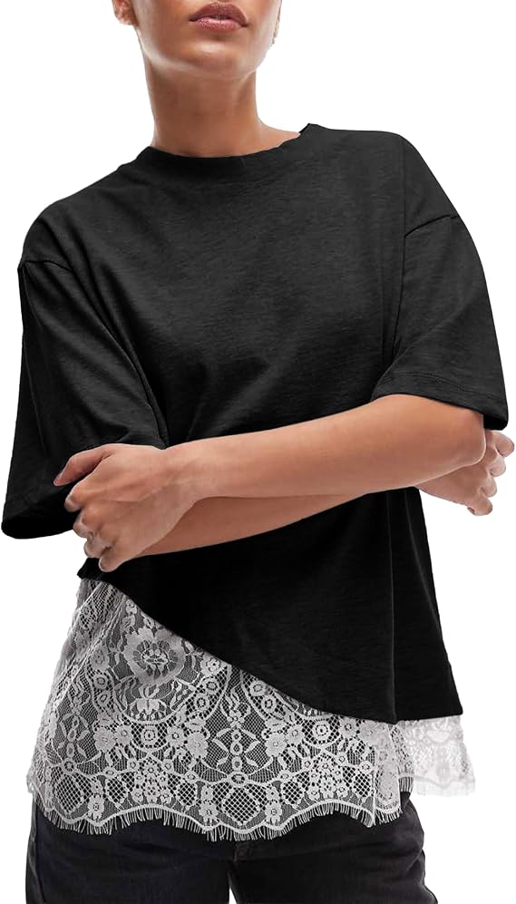 LCXWFE Womens Lace Hem Patchwork Tops Casual Short Sleeve Cotton T Shirts | Drop Shoulder,Round Neck,Going Out Cute Tops,Weekend, Vacation,Trendy Loose Fit