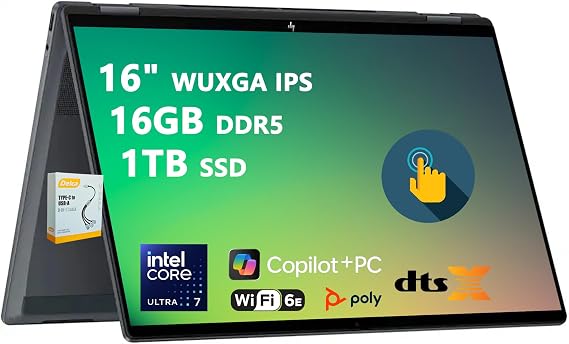 HP OmniBook X Flip 2-in-1 Laptop | 16" WUXGA IPS Touch | Intel 8-Core Ultra 7 256V | 16GB DDR5 1TB SSD | AI PC for Creator Designer Business Professional Win11 w/DLCA Accessory