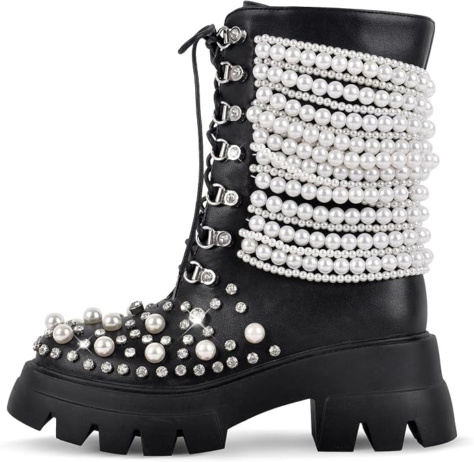 Women's Pearls Rhinestones Studded Platform Ankle Boots Lace Up Strappy Block Heels