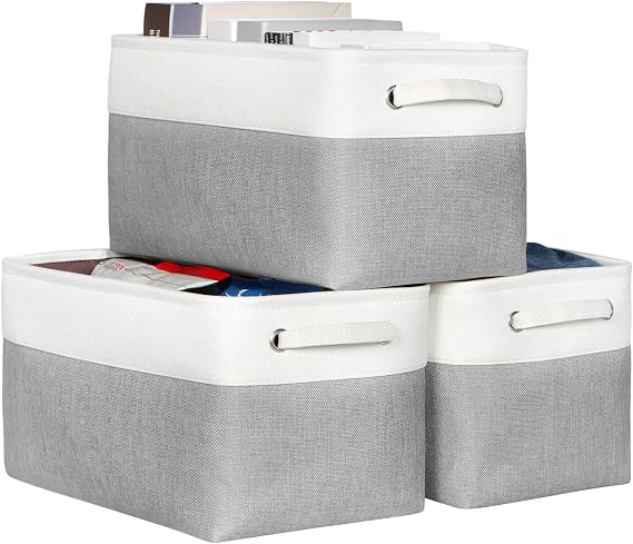 KEEGH Fabric Storage Baskets Set of 3, 15 Inch Storage Boxes for Shelves | Foldable With Hard Bottom Storage Organizer, Fabric Baskets With Handle for Organizing Home and Office - White/Grey