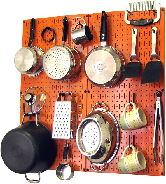 Wall Control Kitchen Pegboard Organizer Pots and Pans Storage Rack Organization Kit with Orange Pegboard and Black Accessories