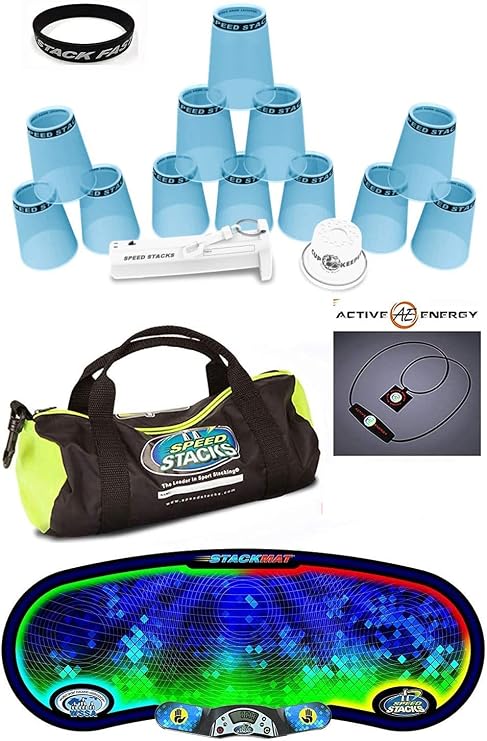 Speed Stacks The Works Custom Combo Set: 12 PRO Series PS2x Clear Blue ICE 4" Cups, Cup Keeper, Quick Release Stem, Pro Timer G4, Mat, Gear Bag + Active E Necklace $49 Value