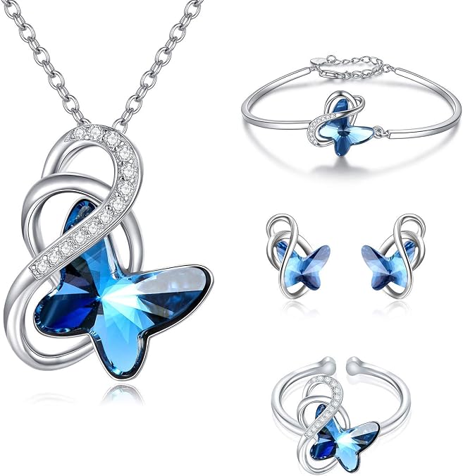 AOBOCO Sterling Silver Infinity Butterfly Necklace & Earrings & Bracelet & Ring, Crystal from Austria, Butterfly Gifts for Butterfly Lovers, Anniversary Birthday Jewelry Gifts for Women
