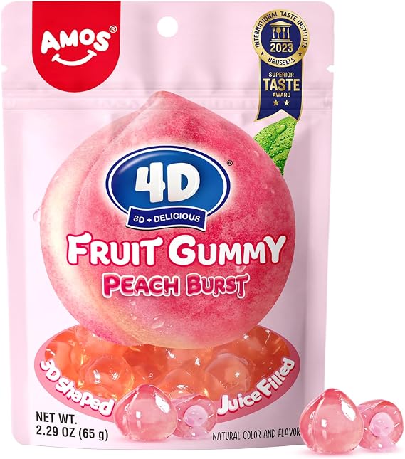 Amos 4D Fruit Gummy Peach Burst, Fruit Snacks Gluten Free, Mothers Day Candy Gifts, Resealable 2.29oz Bag(Pack of 9)