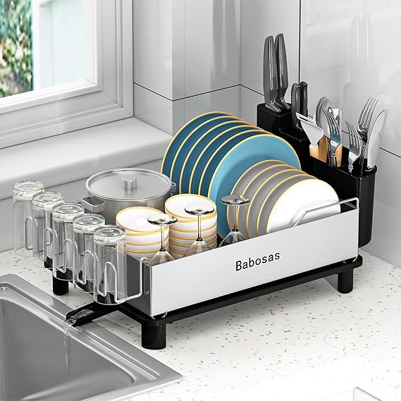 Dish Drying Rack,Large Capcity 304 Stainless Steel Dish Rack for Kitchen Counter,Dish Drainer with Drainboard Set and Utensil Holder & Detachable Cup Shelf,Rustproof Multifunctional Organizer Black