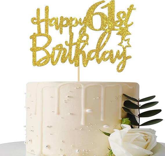 Gold Glitter Happy 61st Birthday Cake Topper - 61 Sign Cake Topper - Cheers to 61 Years Party Supplies - 61st Birthday Party Decorations