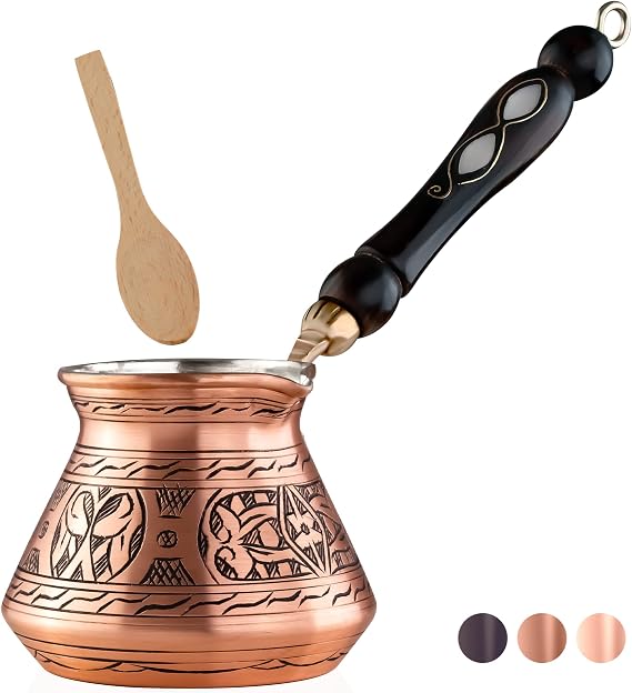BCS 12 oz Handmade Copper Turkish Coffee Pot, Hand-Engraved Cezve & Spoon | Greek/Arabic Coffee Maker Briki/ibrik | Made in Turkey | Tin Lined | Gas & Electric Stovetops; Not Induction | Wooden Spoon