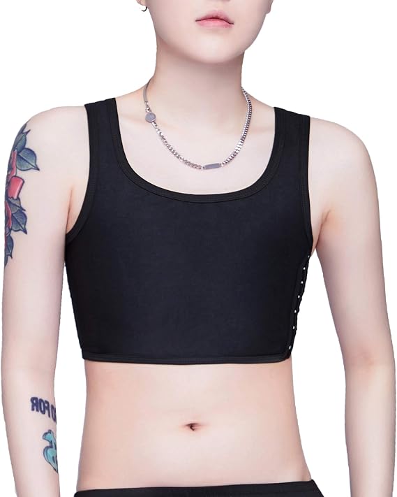 Aivtalk Lesbian Chest Binder Tomboy Tank Tops Flat Hook Short Vest Wire-Free Underwear Breathable (Left Hook-Black, Medium)