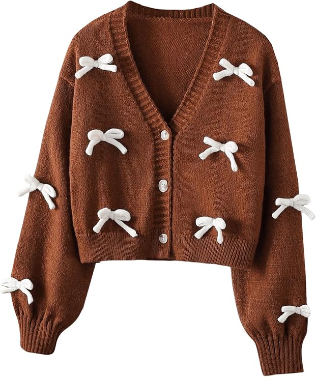 SHENHE Girl's Bow Button Down Knitted Cardigan Cute Crop Sweater Outwear | V Neck,Loose Cardigan Sweater,Long Sleeve,Bowknot