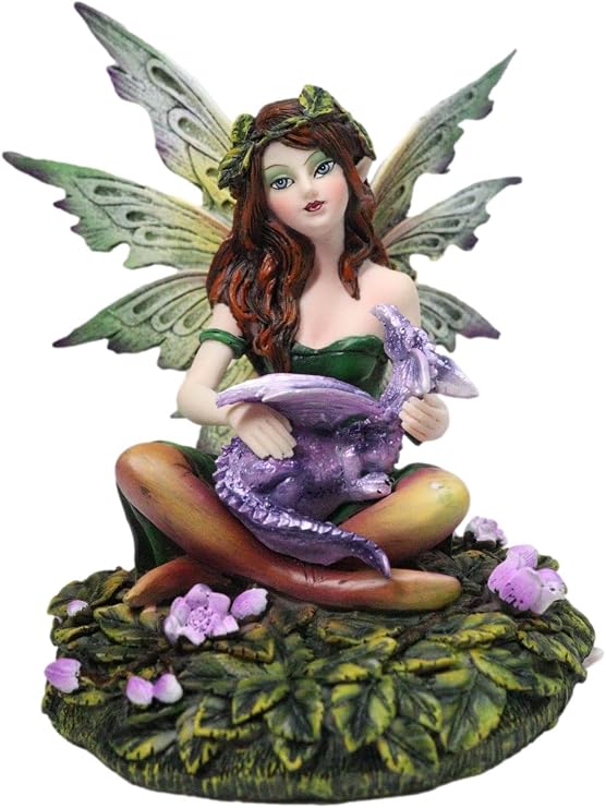 Ebros Green Gaia Earth Tribal Fairy Damsel with Purple Baby Dragon Decorative Figurine Mythical Fantasy Forest Magic Collectible Fairies Dungeons and Dragons Decor
