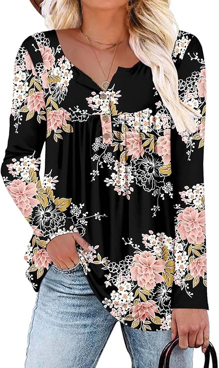 ROSELINLIN Womens Long Sleeve Tunic Tops Floral Fall Blouse Shirts