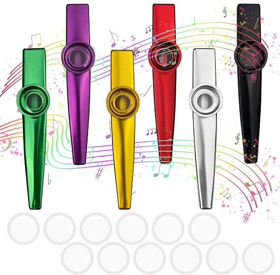 Pack of 6 Kazoo Instrument Metal Kazoos with 12 Interchangeable Membranes Nose Flute Suitable for Children Adults and Music Beginners Colourful Kazoo for Children Party Favours Gifts