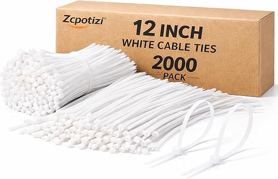 White Zip Ties 12 Inch 2000 Pack Bulk 0.19" width Heavy Duty Cable Ties 50 lbs Tensile Strength UV Resistant Nylon Self Locking Wire Ties for Indoor Outdoor Industrial Use