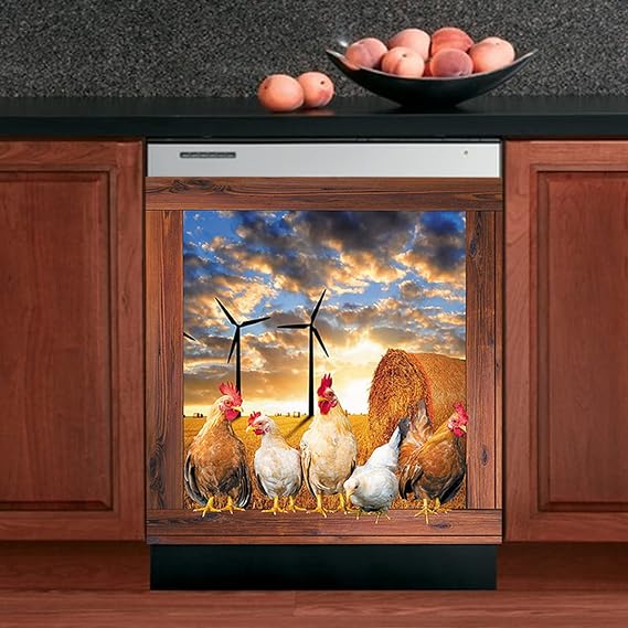 Farm Chicken Dishwasher Cover,Kitchen Decor Rooster Magnet Refrigerator Decal,Country Farmhouse Magnetic Fridge Door Cover,Home Appliances Cabinet Decor Stickers 23"Wx17"H