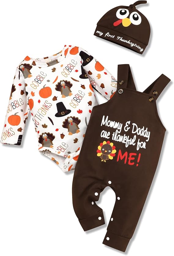 My First Thanksgiving Outfit Newborn Baby Boy Cute Turkey Pattern Bodysuit + Suspender Pants + Hat Thanksgiving Clothes Set