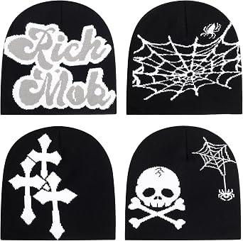 4Pcs Y2k Beanie Winter Knitted Graphic Beanie Warm Y2k Hat for Women Men