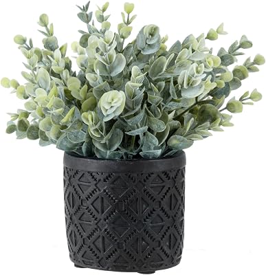 MyGift Artificial Eucalyptus Plant in Modern Gray Concrete Pots with Geometric Embossed Pattern 1, Black