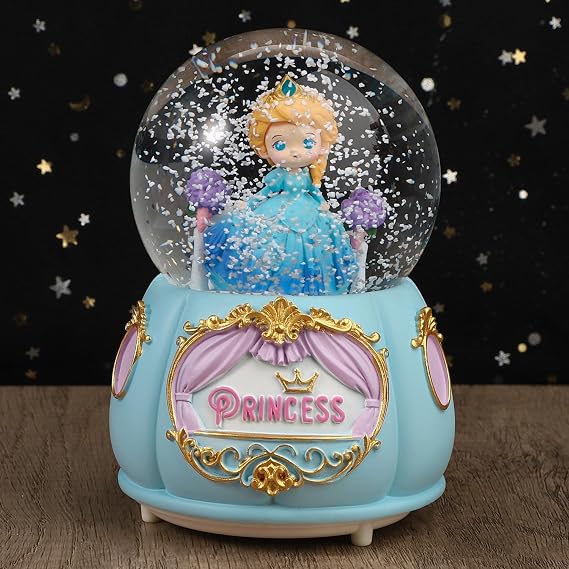 Princess Crystal Ball Musical Snow Globe Crystal Ball Dreamy Snowfall Music Box with Light& Melody Musical Christmas Birthday New Year Gift for Adult (Blue)
