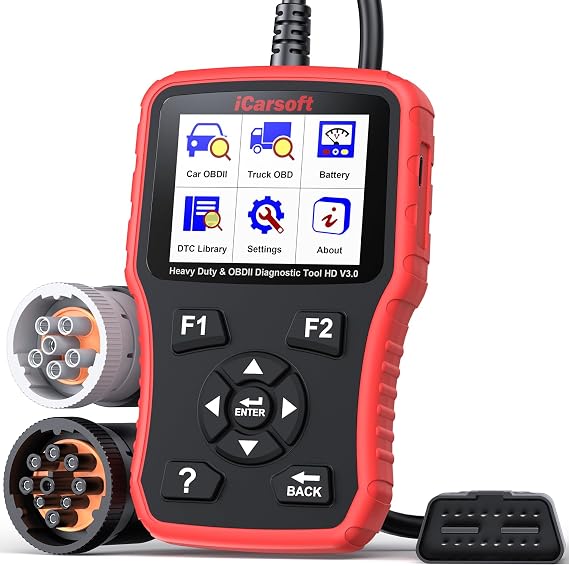 Heavy Duty Truck Scanner, iCarsoft HD V3.0 Multi-System OBD2 Diagnostic Scan Tool for Truck, Car, Mini Van, Light Duty Vehicle, Code Reader,Battery Test, Graphic Data Display-Red