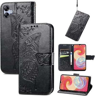 GYHOYA Compatible with Samsung Galaxy A04E Wallet Case for Women, Leather Flip Folio with Kickstand Magnetic and Card Holder Protective Case for Samsung Galaxy A04E Butterfly Black SD