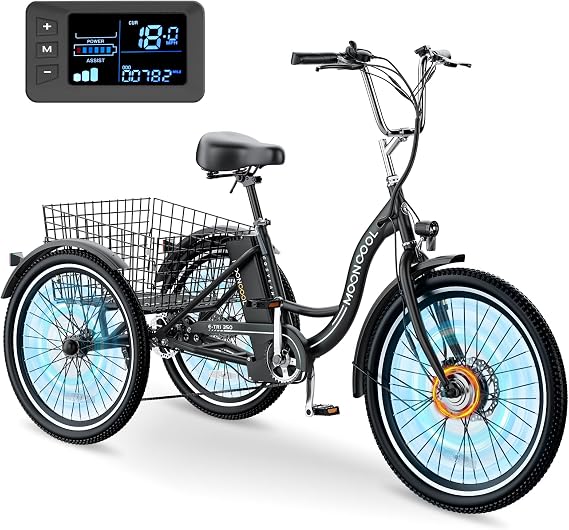 MOONCOOL Electric Tricycle for Adults, 350W 36V Electric Trike Motorized Three Wheel Electric Bicycle, 7 Speeds 3 Wheels Adult Electric Tricycle with Large Basket