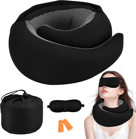 Travel Pillow,Neck Pillow with Hood Earplugs Eye Mask,Memory Foam Neck Pillow Airplane,Ergonomic Travel Pillows for Airplanes for Sleeping Office Plane Car Rides Home Use,Black