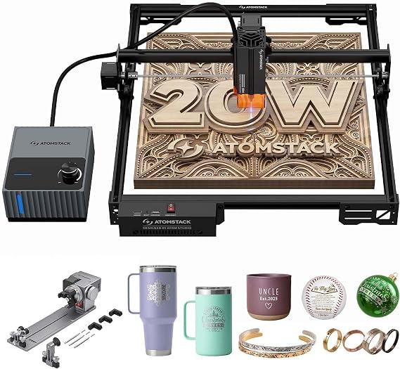 ATOMSTACK 20W Laser Engraver, A20 PRO V2 Laser Cutter with Auto Air Assist, R8 Rotary Chuck, High Accuracy Laser Engraving Machine for Personalized Gifts, Business Cards, Wood, Metal, Acrylic, Leather
