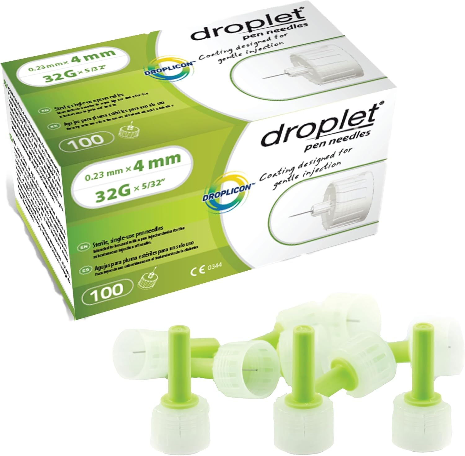 Droplet Pen Needles, 32G 4mm, Diabetic Needles for Insulin Injections, 100ct Box, Compatible with Most Pen Injectors