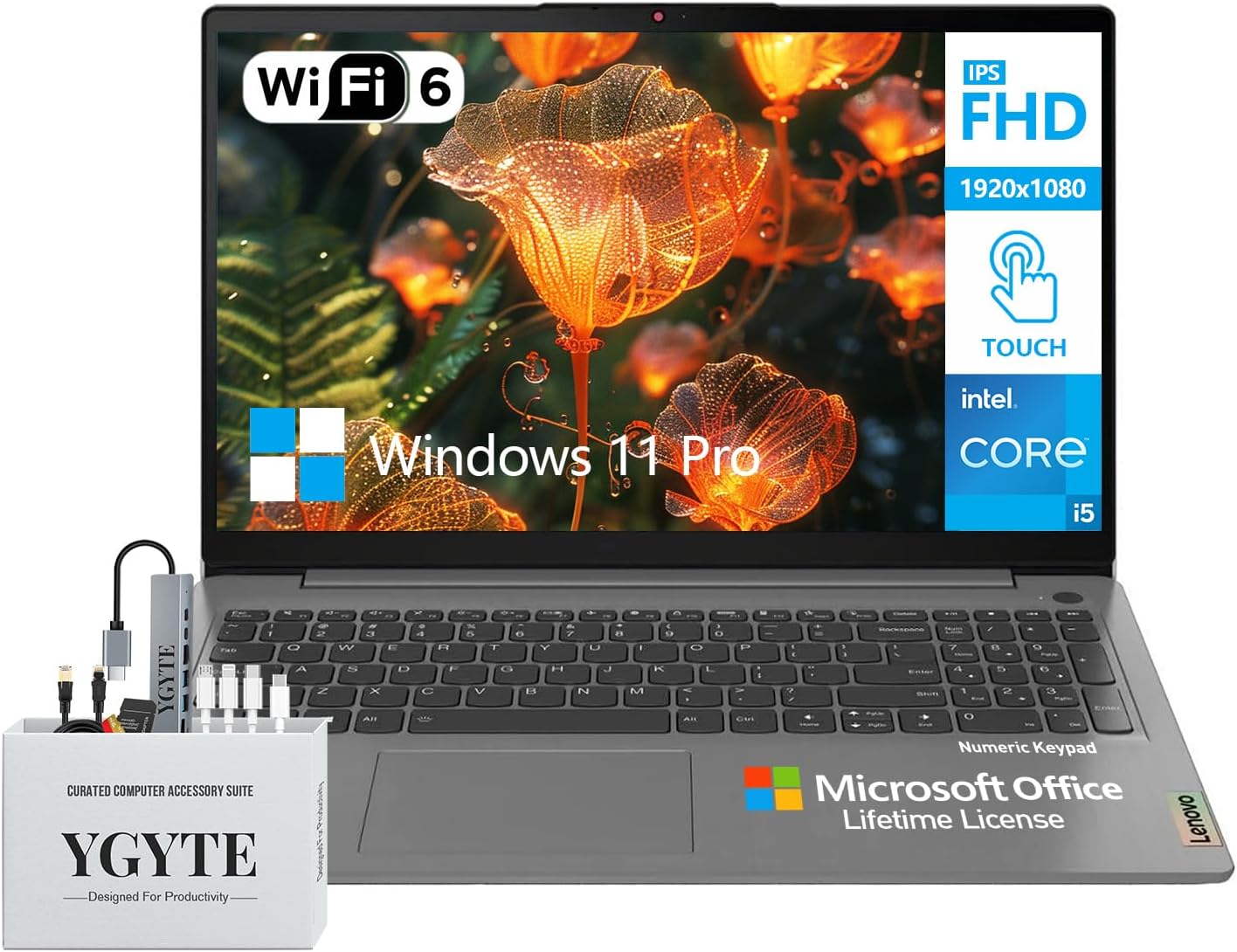 Lenovo IdeaPad 3 Touchscreen Laptop 15, 15.6 Inch FHD IPS Touch Screen, Intel Core i5, 36GB RAM 1TB SSD512GB Docking Set, Windows 11 Pro Office Lifetime, 10-Key Wi-Fi 6 USB-C