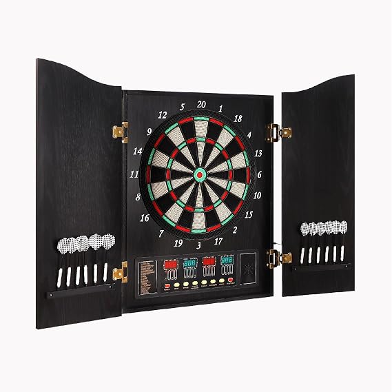 Kurflo Electronic Dartboard Set Dart Machine with Dartboard Cabinet Set for Commercial and Home Use, Wood-Grain Cabinet, 18-Inch LED Display, Electronic Dartboard, Soft Tip Darts 12 with Replacement