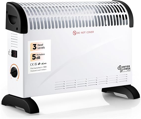 2KW Convector Heater with Thermostat & Overheat Protection | 3 Heat Settings (750W/1250W/2000W), Silent Convection, Portable with Carry Handles - Freestanding/Wall