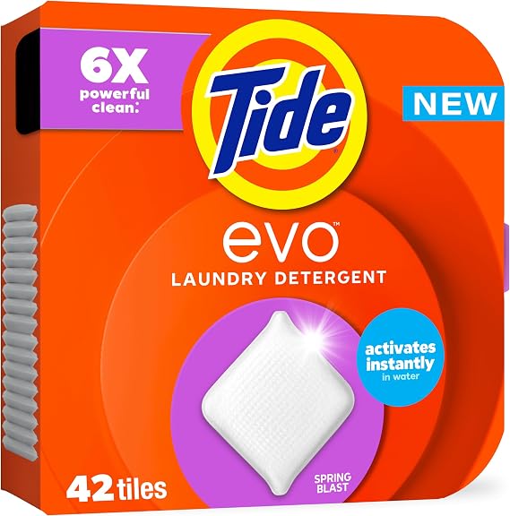 Tide evo Laundry Detergent Spring Blast Scent Works on 100% of Common Stains Concentrated Travel Detergent HE Compatible and Instant Dissolve Fights Stains Better than Leading Detergent Sheet 42 Count