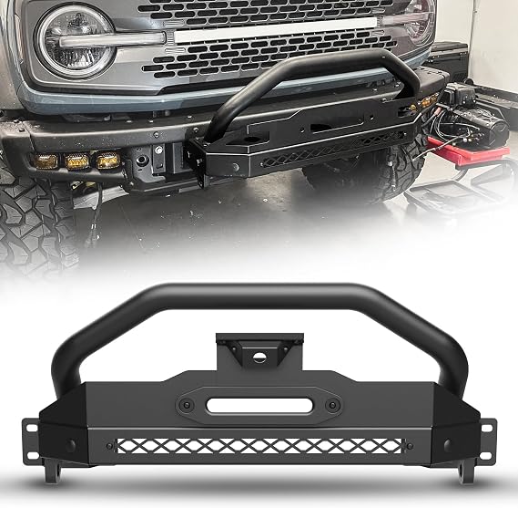 Front Bumper with Bull Bar & Winch Mount & Front Camrea Bracket Removable Fit for Ford Bronco 2026 2025 2024 2023 2022 2021 (Not fit for Bronco Sport), Off-Road Brush Guard Winch Mounting Plate