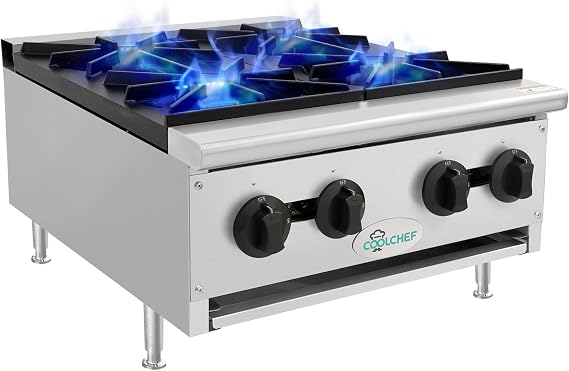 24-Inch 4-Burner Commercial Gas Hot Plate, 100,000 BTU | Heavy-duty stainless steel countertop range with independent burners and NG/LP convertible operation
