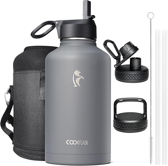Coolflask Water Bottle 2L Insulated with Straw & 3 Leakproof Lids | Stainless Steel Water bottles Large Triple-Wall, Cold 48+h/Hot 24+h Dishwasher Safe, BPA-Free, for Sports Gym & Hiking