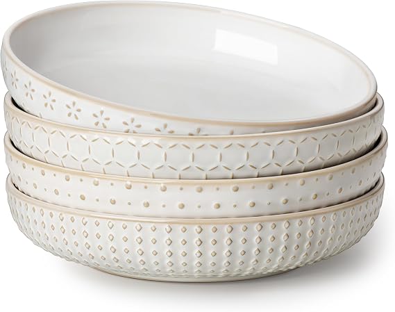 MALACASA Pasta Bowls 48 Oz, 9.5 Inch Large Salad Bowls, Modern Relief Design Ceramic Serving Bowls, Wide and Shallow Plates Pasta Plates, Microwave & Dishwasher Safe, Set of 4, Series LYDIA