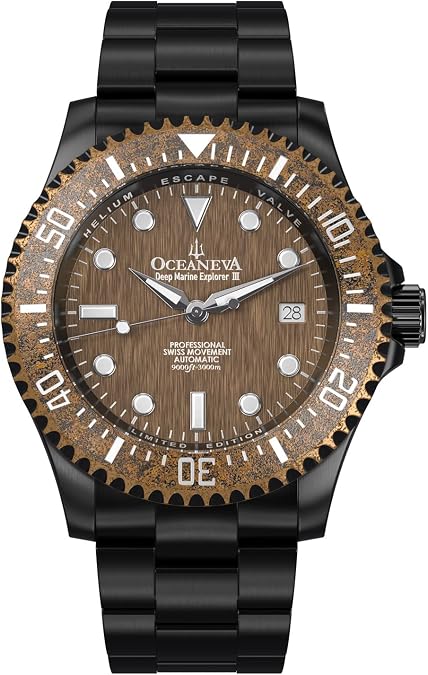 OceanevaTM Men's Deep Marine Explorer III 3000M Pro Diver Watch Aged Bronze Dial Black IP - Stainless Steel Bracelet 38 Hour Power Reserve