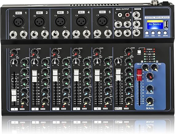 Professional Audio Mixer 7 Channel DJ Mixer Sound Board Console Stereo Sound Mixer, Bluetooth USB Computer MP3 Input 48V Phantom Power for DJ Recording Studio Home Karaoke