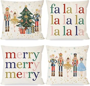Merry Christmas Pillow Covers 16x16 Inch Set of 4 Nutcracker Christmas Decor Ballet Xmas Tree Winter Holiday Decorative Throw Pillows Cases Party Decorations for Living Room Couch Patio Decor