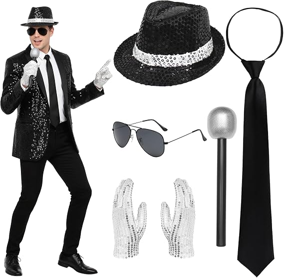 5 Pcs Pop Star Costume, 80s Rocker Star Dancer Cosplay Fancy Dress Accessories Outfit Jazz Sequin Hat Glove Tie Sunglasses Microphone, King of Pop for Adults 80 Theme Party Carnival Halloween Cosplay