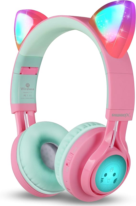 Riwbox CT-7 Cat Ear Kids Bluetooth Headphones, LED Light Up Bluetooth Wireless Over Ear Headphones with Microphone and Volume Control for Travel/School/Smartphones/Laptop/PC/TV (Pink&Green)