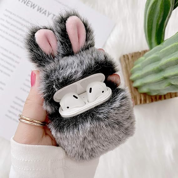 Guppy Compatible with AirPods Furry Bunny Case Girls 3D Cartoon Cute Rabbit Ears Plush Fluffy Warm Carrying Case Soft Protective Case Cover Accessories for AirPods 1 & 2 Gray, QL2357-Airpods2-1