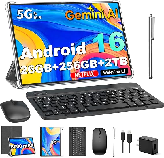 Gemini AI Android 16 Tablet with Keyboard, 2026 10 inch Tablet (Silver)