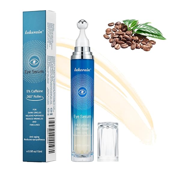 5% Caffeine Eye Serum with 360 Massage Roller Serum for Dark Circles & Relieve Puffiness, Reduce Wrinkles and Fine Lines, Bags, Tighten Lifting Under Eye Cream-0.5 OZ