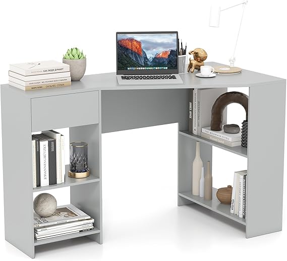 COSTWAY L-Shaped Computer Desk, 120cm Corner Wooden Study Table Writing Workstation with Open Shelves & Drawer, Modern PC Laptop Table Working Desk for Home Office Bedroom (Grey)